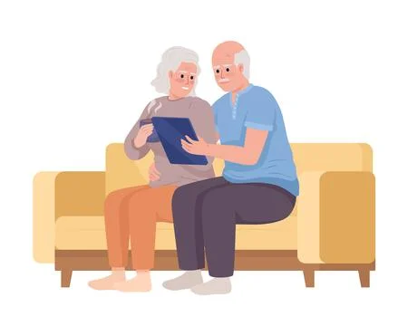 Elderly couple using tablet together semi flat color vector characters Stock Illustration