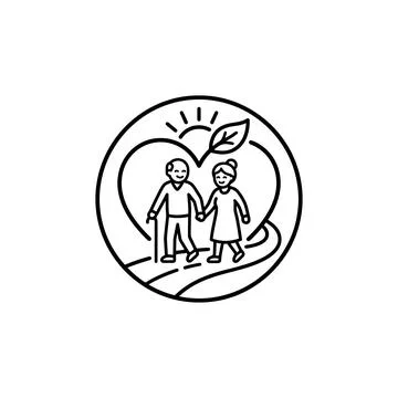 Elderly couple walking on a path, symbol of healthy aging and senior care. Stock Illustration