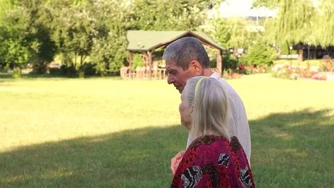 Elderly couple walking in a summer Park. Stock Footage