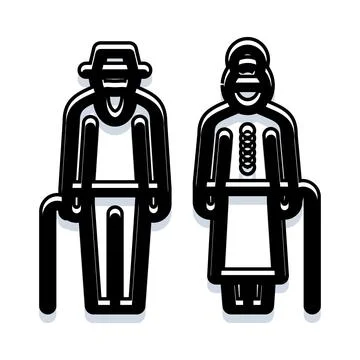 Elderly couple walking with support sticks line icon Stock Illustration