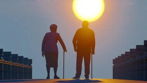 Elderly couple watching the sunset together using crutches Stock Footage 252736650