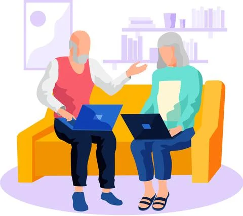 Elderly couple web surfing on internet with laptop and smartphone reading Stock Illustration