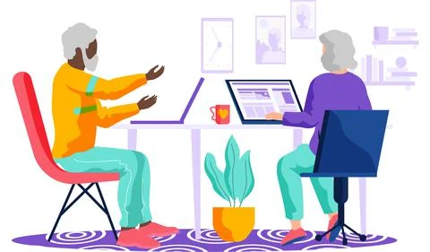 Elderly couple web surfing on internet with laptop and smartphone reading Stock Illustration
