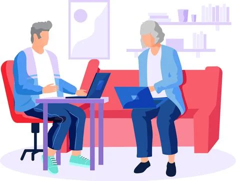 Elderly couple web surfing on internet with laptop and smartphone reading Stock Illustration