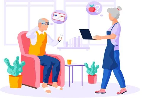 Elderly couple web surfing on internet with laptop and smartphone reading Stock Illustration