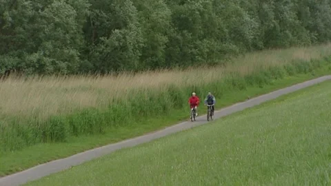 Elderly cyclists on a cycle path below the dike Elbdeich, Hamburg, Germany Stock Footage 143962704