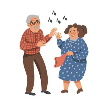 Elderly dancing couple. Old man and woman have fun on a party. Nursing home. Ilustración de archivo