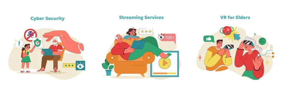 Elderly embracing future tech set. Vector illustration Stock Illustration