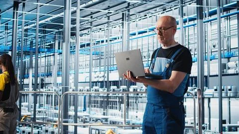 Elderly engineer uses laptop in smart factory to test automated systems Stock Photos