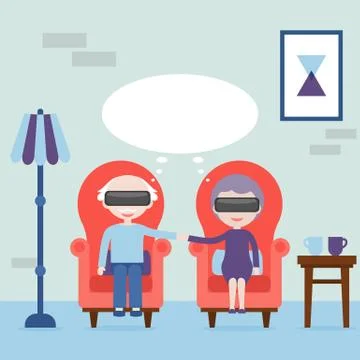 The elderly feel young in virtual reality. Vector illustration. Stock Illustration