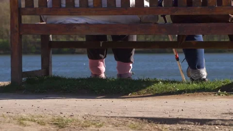 Elderly friends sitting on a bench by lake side 스톡 동영상 157558853