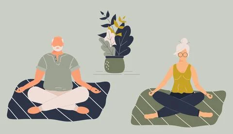 Elderly funny woman and man in yoga lotus position doing meditation, mindfulness Stock Illustration