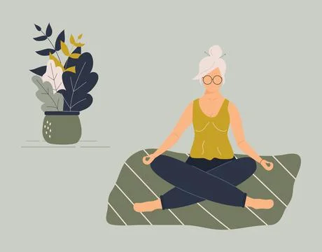 Elderly funny woman in yoga lotus position doing meditation, mindfulness Stock Illustration
