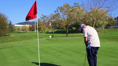 Elderly golfer celebrates after sinking the ball into the hole on the green.. Stock Footage 292017419
