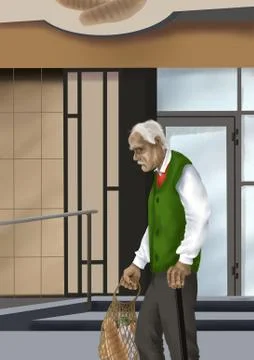 An elderly gray-haired man with a sad face with purchases in a string bag i Stock Illustration