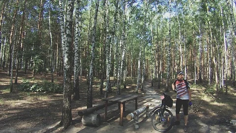 Elderly gray-haired pensioner on a bicycle in a pine and birch forest Stock Footage 113294635