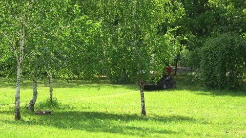Elderly groundskeeper operating a riding lawn mower in a serene park. Stock Footage 312152727