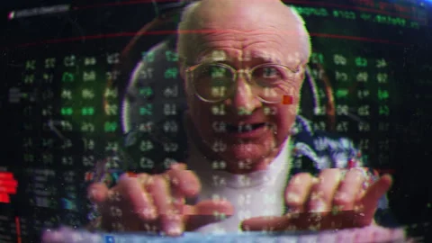 Elderly hacker cracking passwords, stealing data on glitchy computer screen Stock Footage 307196086