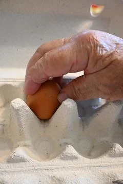 Elderly hand taking last brown egg from carton, cost of living crisis concept, C Fotos Stock
