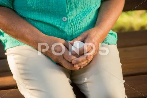 Elderly hands hold pill bottle. Stock Photos