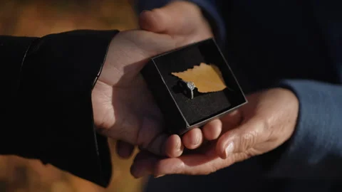 Elderly Hands Holding a Diamond Ring Box on Valentine's Day in a Romantic Moment Stock Footage 297210149