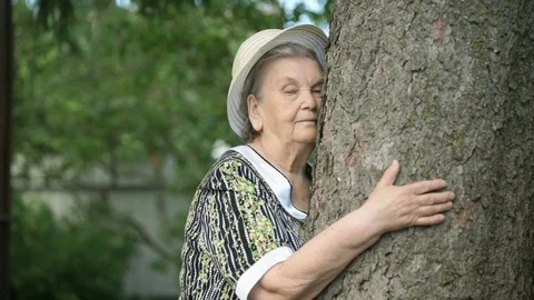 Elderly hugging tree trunk her hands in the forest Vídeo Stock 79976232