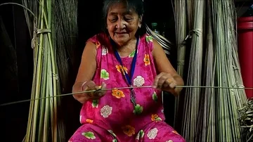 An elderly lady trims coconut tree leaves to be used as packaging for Suman Stock Footage 85918135