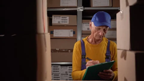 Elderly male warehouse worker using clipboard checking products or parcel goods 動画素材 249864113