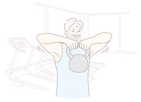 An Elderly Man Actively Exercising with a Kettlebell at His Favorite Gymnasium Stock Illustration