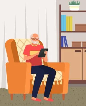 Elderly man adapting to new technologies and Internet with tablet. Seniors deal Stock Illustration