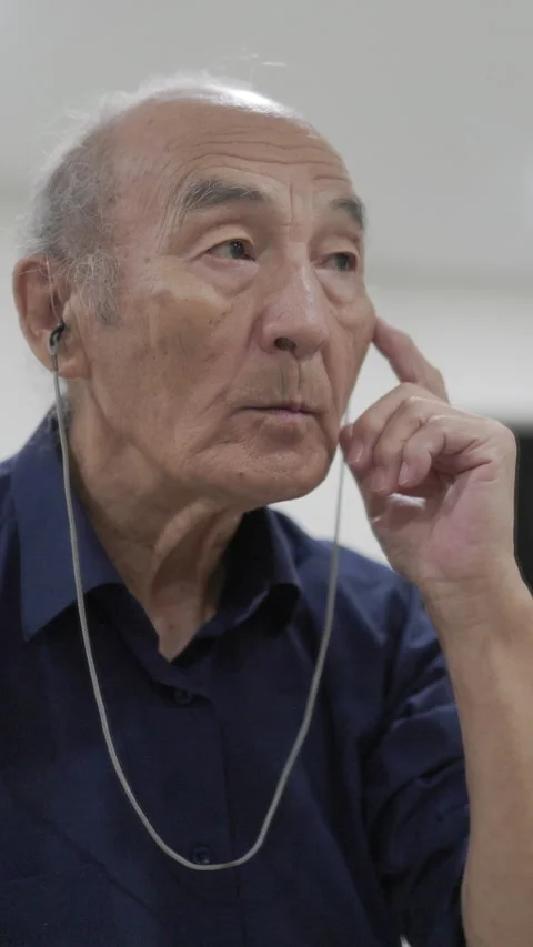 Elderly man adjusting hearing aid in front of mirror Stock Footage 327232243
