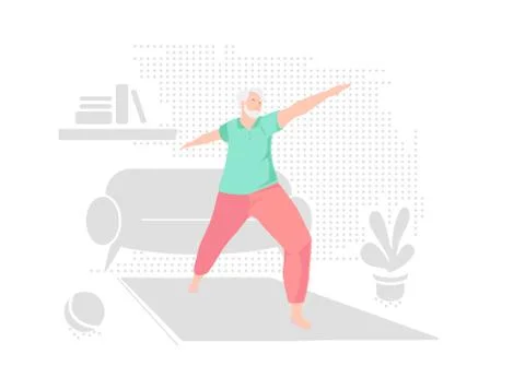 Elderly man alone does yoga at home. Indoor retired leisure. Active healthy Stock Illustration