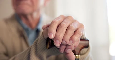 Elderly, man and hands with cane in retirement home for mobility, assistance or Stock Footage 340633494