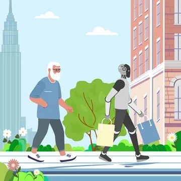 Elderly man and humanoid robot walking in city with shopping bags, urban la.. Stock Illustration