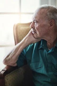 Elderly, man and sad with thinking of memory in retirement home with remember Stock Photos