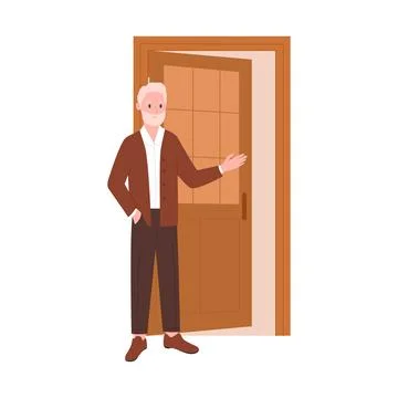Elderly man with beard inviting entry, pointing to open brown door Illustration