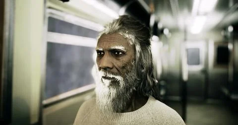 Elderly man with a beard standing in a subway train during a quiet commute Stock Illustration