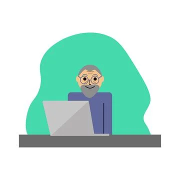 Elderly man behind a laptop, vector. Stock Illustration