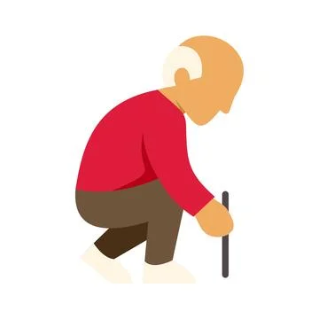 Elderly man bending down with walking stick support Stock Illustration