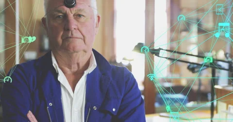 Elderly man in blue jacket with network connections and data processing Stock Footage 306341134