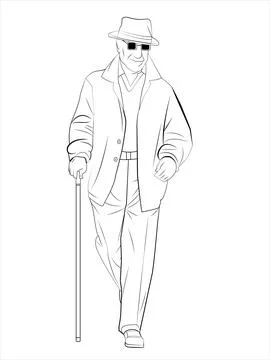 Elderly man with a cane line art Stock Illustration