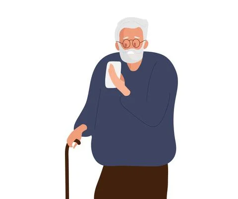 Elderly man with cane looking at her smartphone. Senior man with gray hair and Stock Illustration