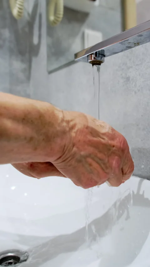 Elderly man carefully washes hands under stream of clean water Stock Footage 320768233