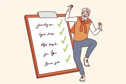 Elderly man completed all tasks and dancing near giant clipboard with list of Stock Illustration