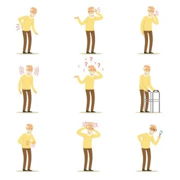 Elderly man diseases, pain problem in back, neck, arm, heart, knee and head Illustrazione stock
