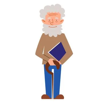 An elderly man with documents and a cane in his hand stands up to his full Stock Illustration