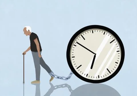 Elderly man dragging large clock chained to his ankle against blue background Stock Illustration