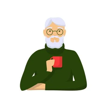 Elderly man is drinking coffee. Gray haired male character green sweater with Stock Illustration