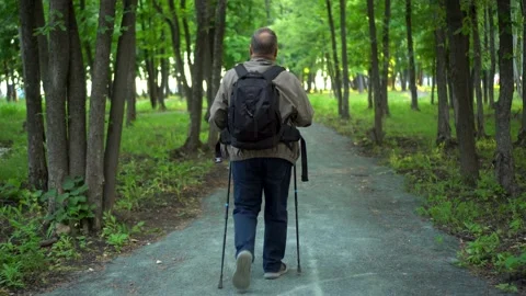 An elderly man is engaged in Nordic walking in the forest. An aged man with a 스톡 동영상 200848363