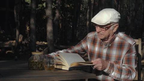 An elderly man enjoys tea while reading in a tranquil forest setting during the Stock Footage 309118112